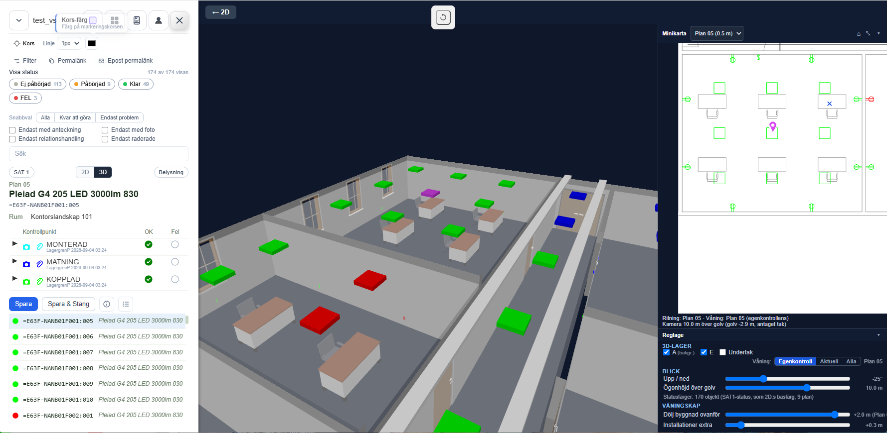 Cadbim 3D-vy med egenkontroll, minikarta och lagerstyrning