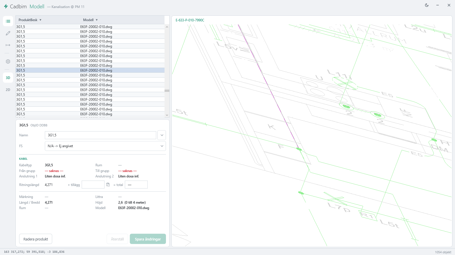 Modellviewer i 2D och 3D med produktkort och kabellängder