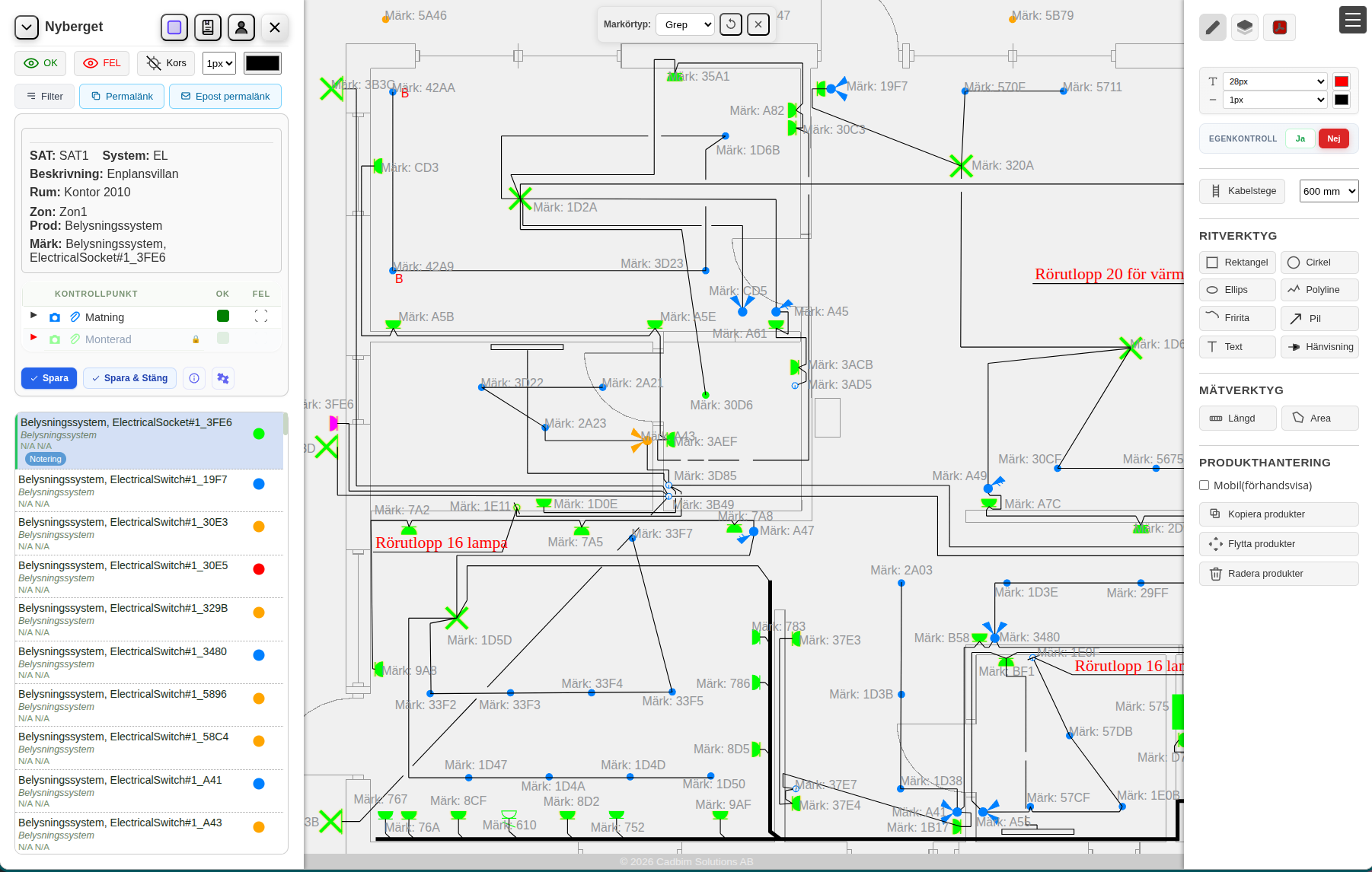 Cadbim QA — Egenkontroll på planritning med statusmarkörer